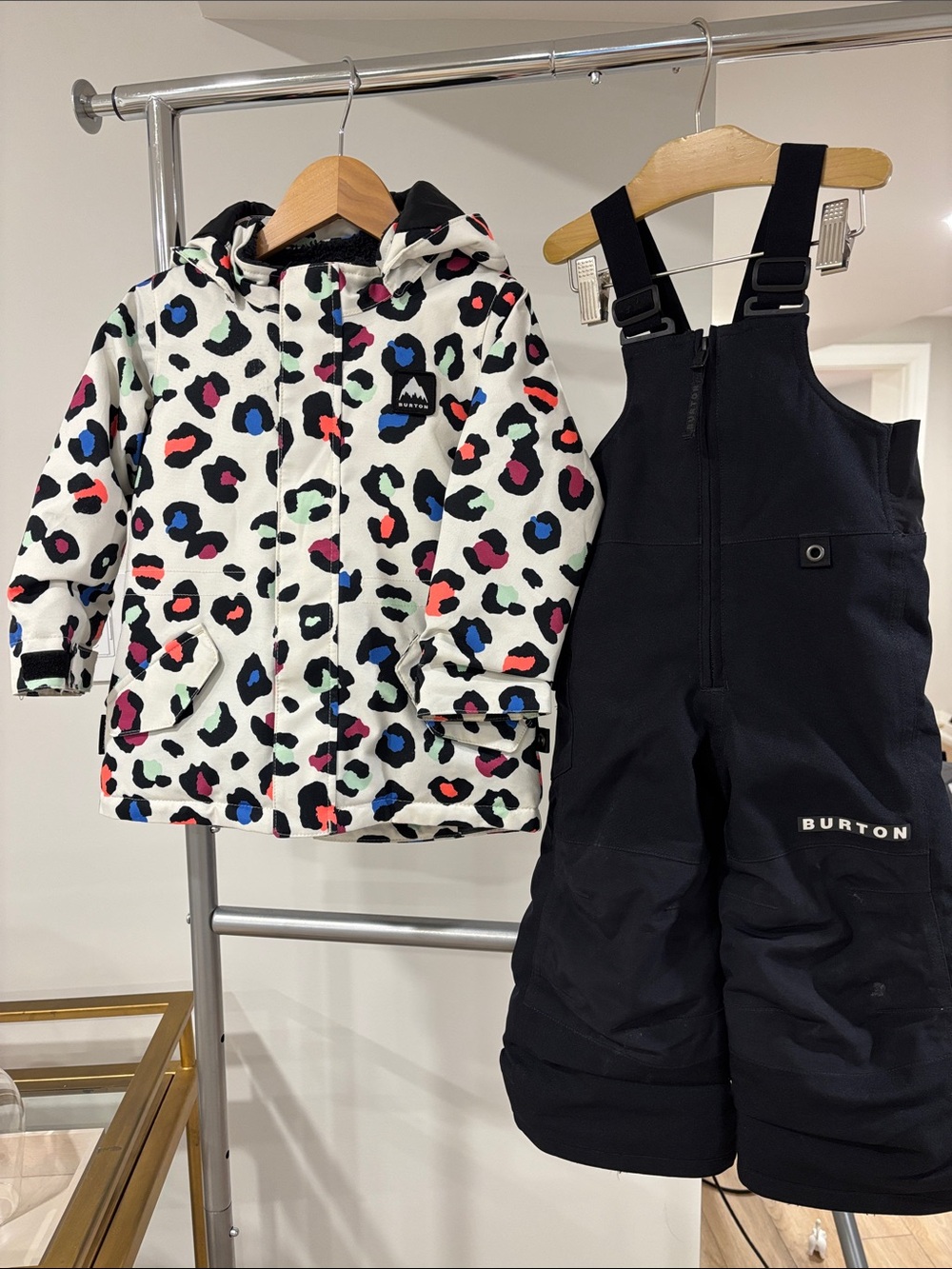 Burton Black Bib Overalls with White Multicolor Leopard Jacket | 2y